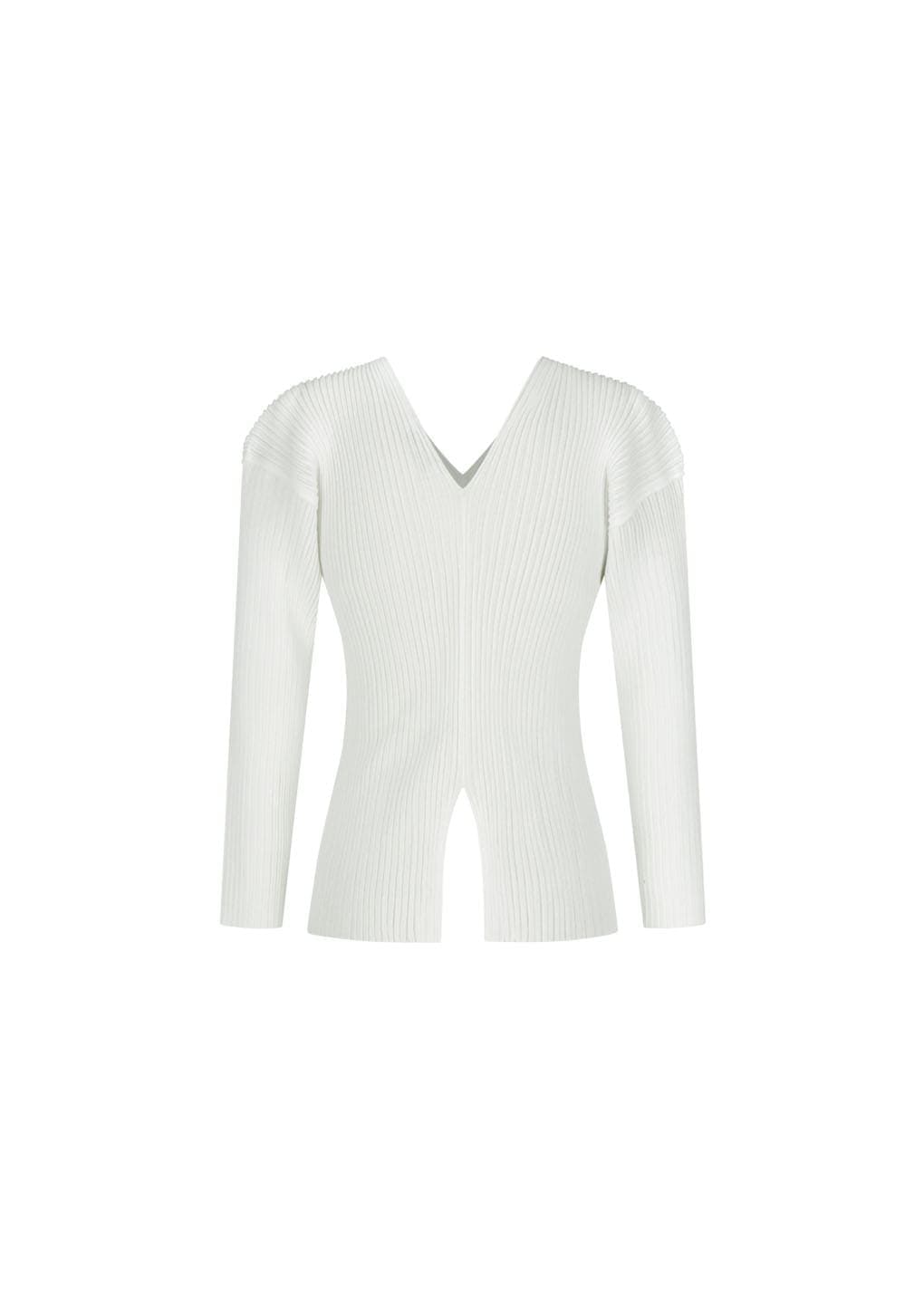Pleats V-neck Knit Blouse, White — vue 3