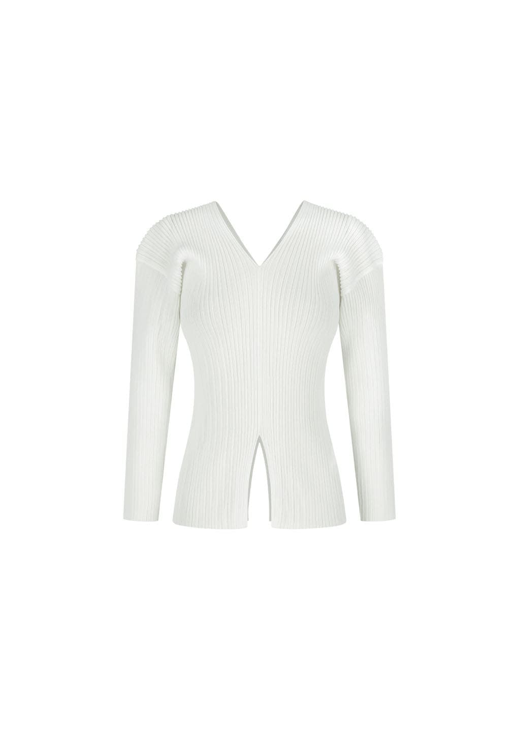 Pleats V-neck Knit Blouse, White