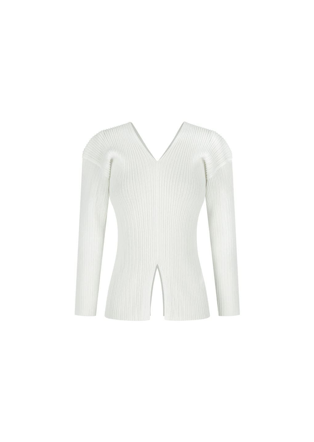 Pleats V-neck Knit Blouse, White