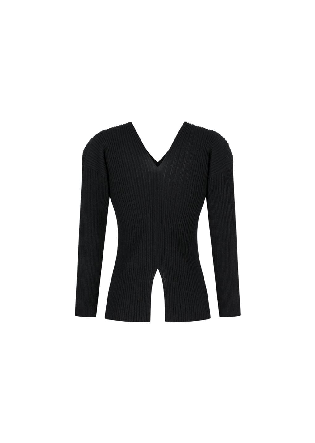 Pleats V-neck Knit Blouse, Black — vue 3