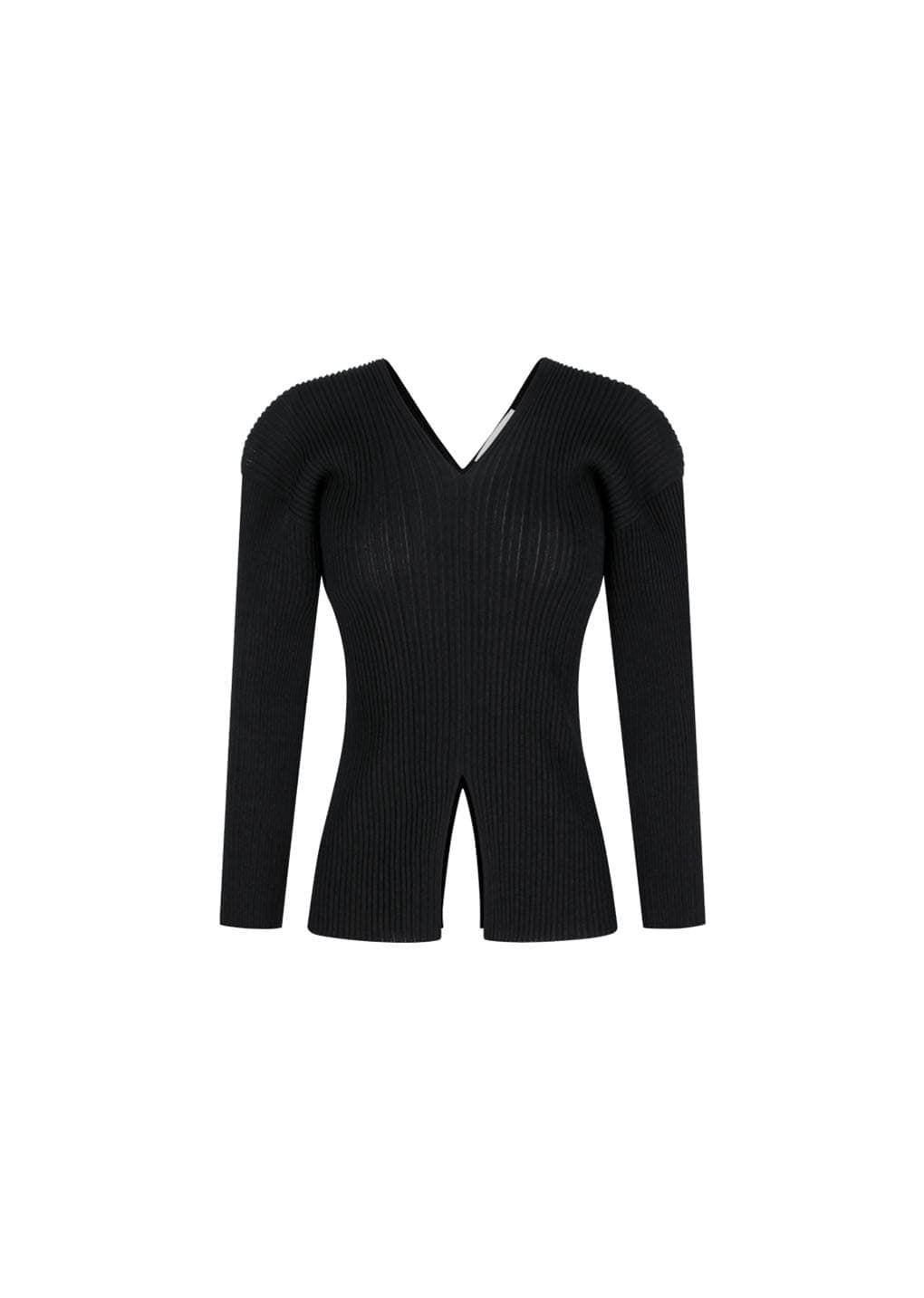 Pleats V-neck Knit Blouse, Black