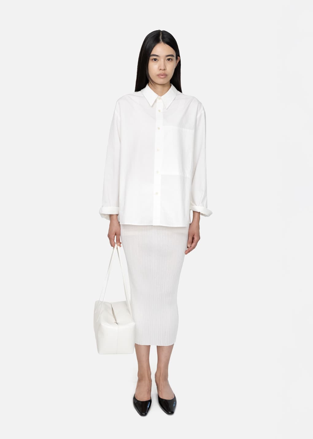 Pleats Knit Maxi Skirt, White — vue 1