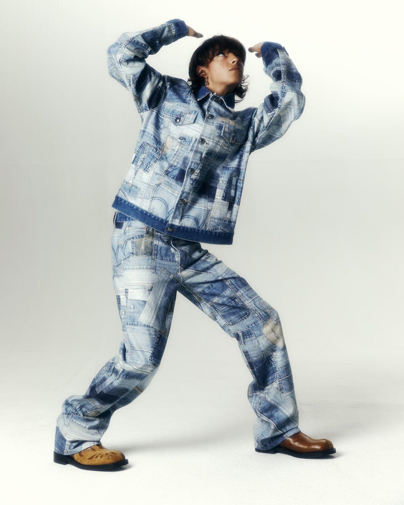 BRNO Patchwork Printed Wide Jeans (Blue) — vue 5