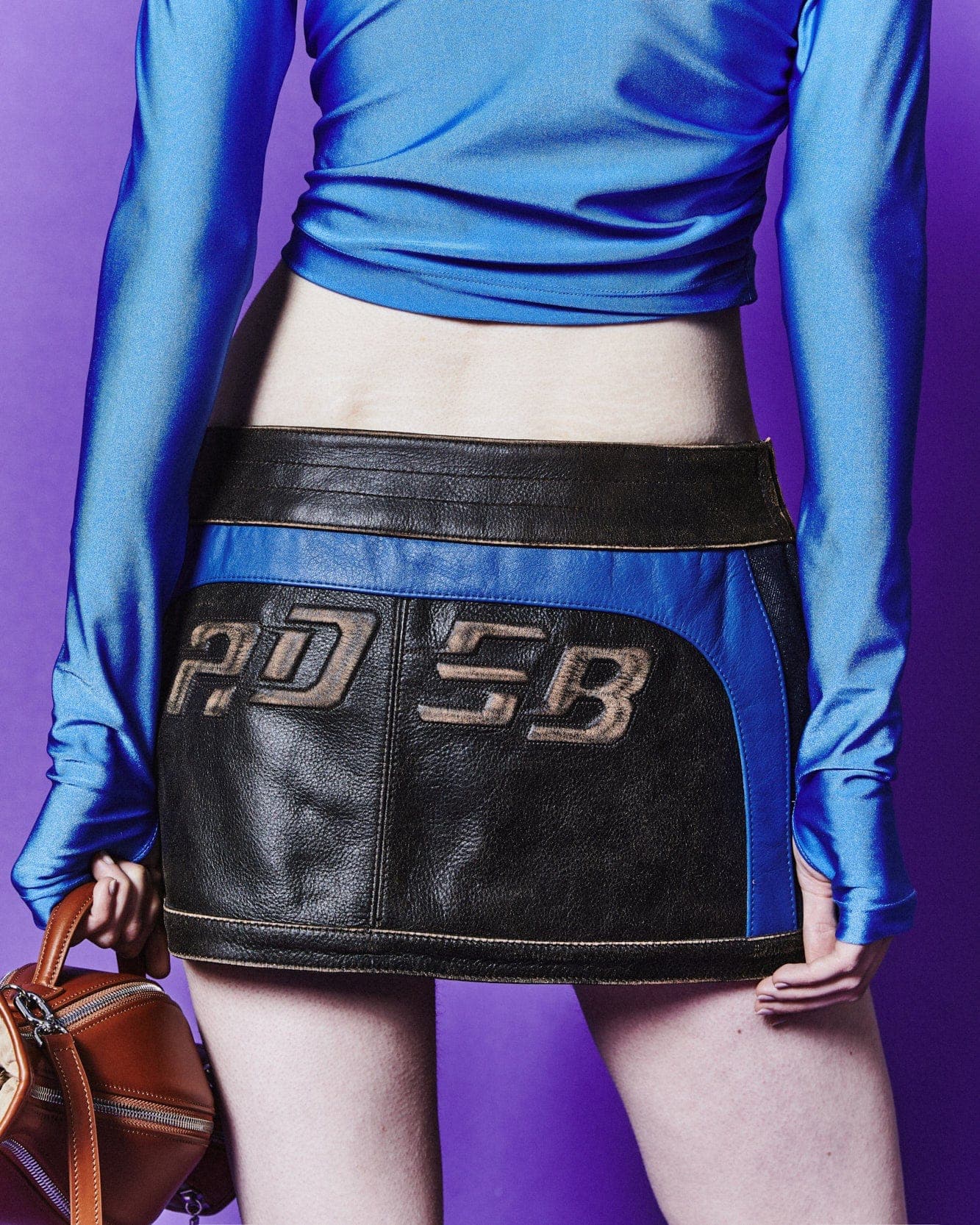 Denim Combo Racing Leather Skirts (Brown) — vue 12