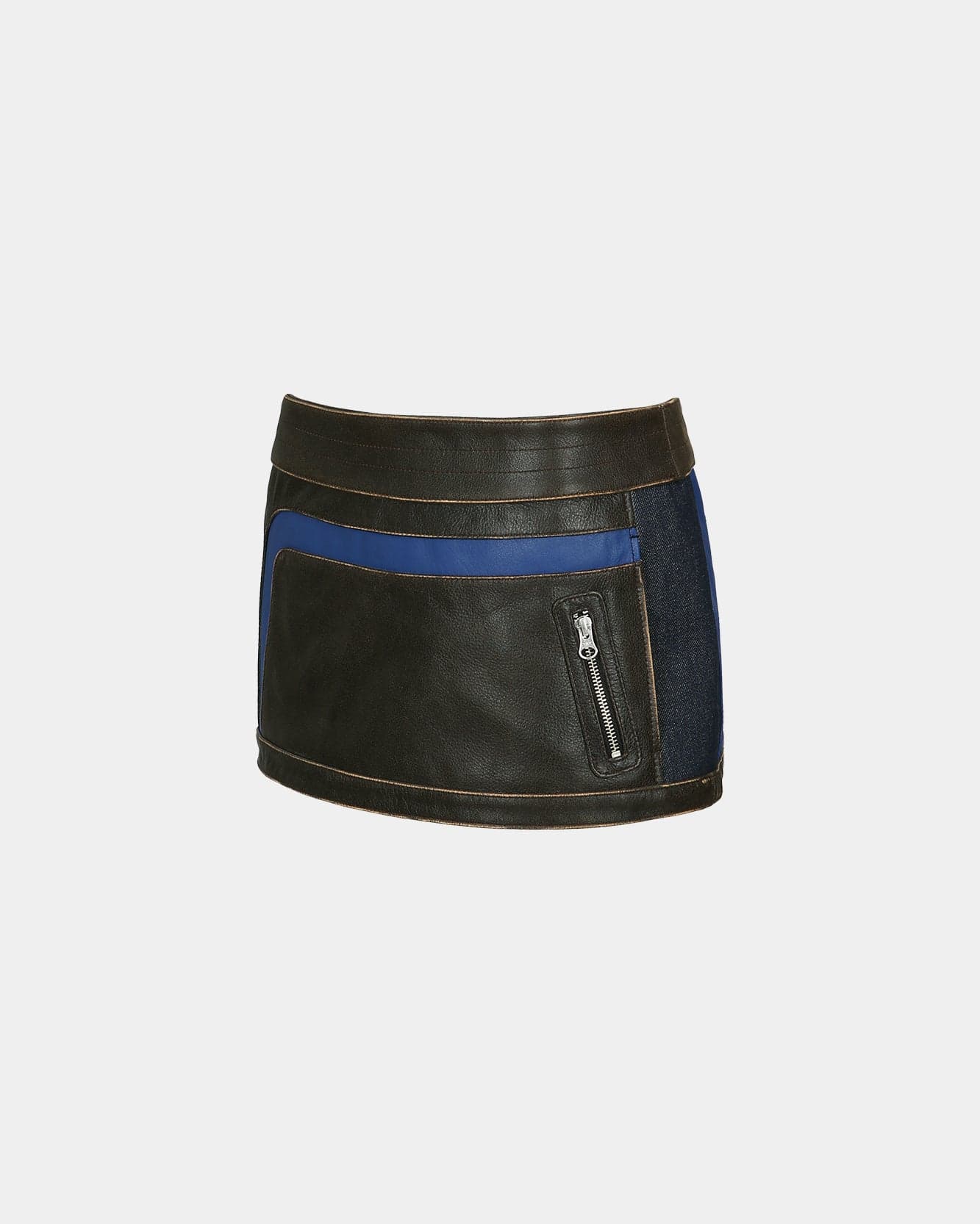 Denim Combo Racing Leather Skirts (Brown) — vue 3