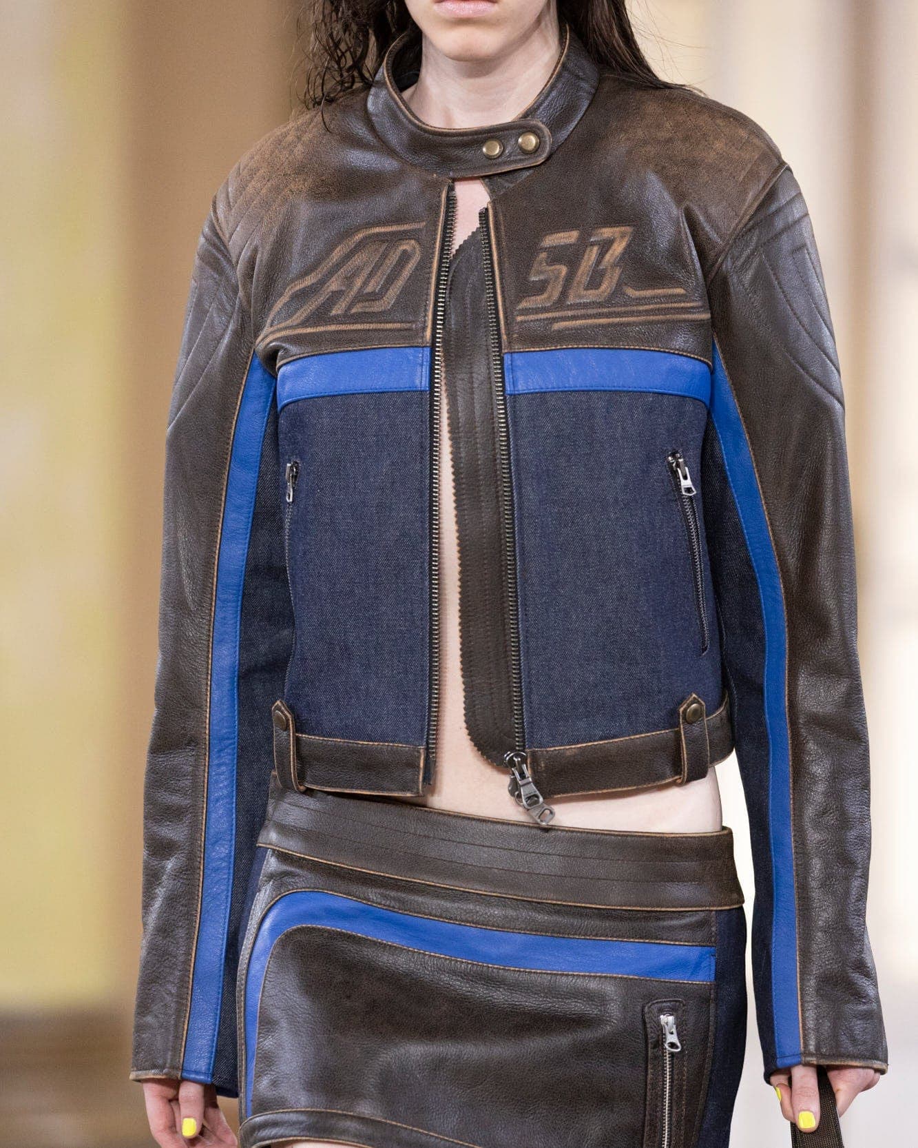 Denim Combo Racing Leather Skirts (Brown) — vue 6