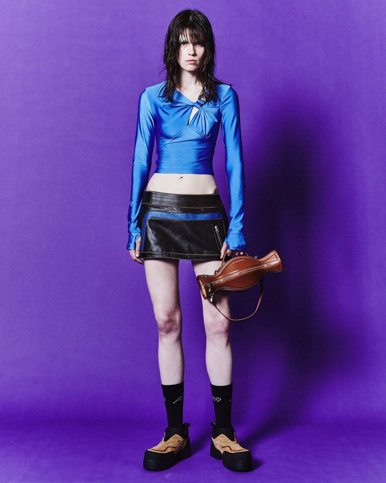 Denim Combo Racing Leather Skirts (Brown) — vue 10