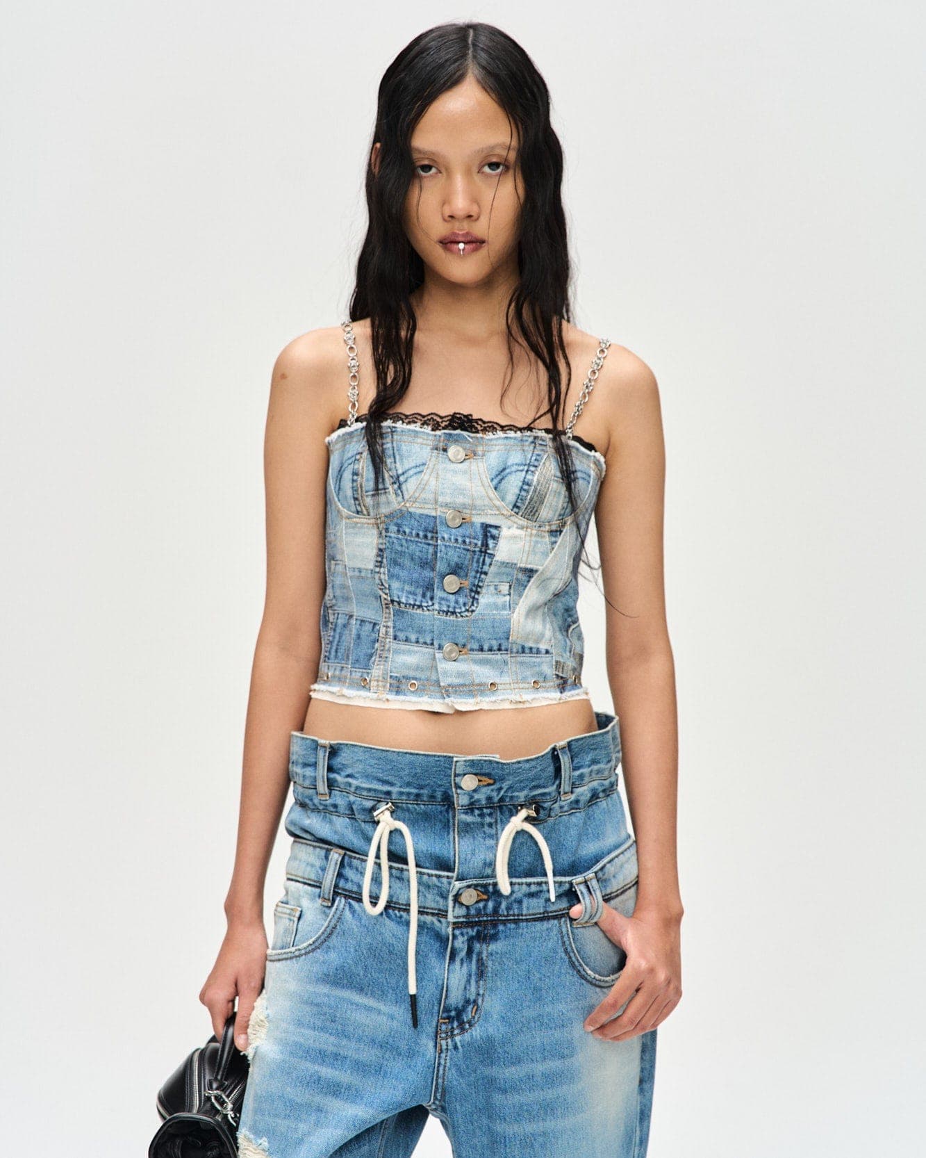 All-Denim Printed Bustier Top (Blue)