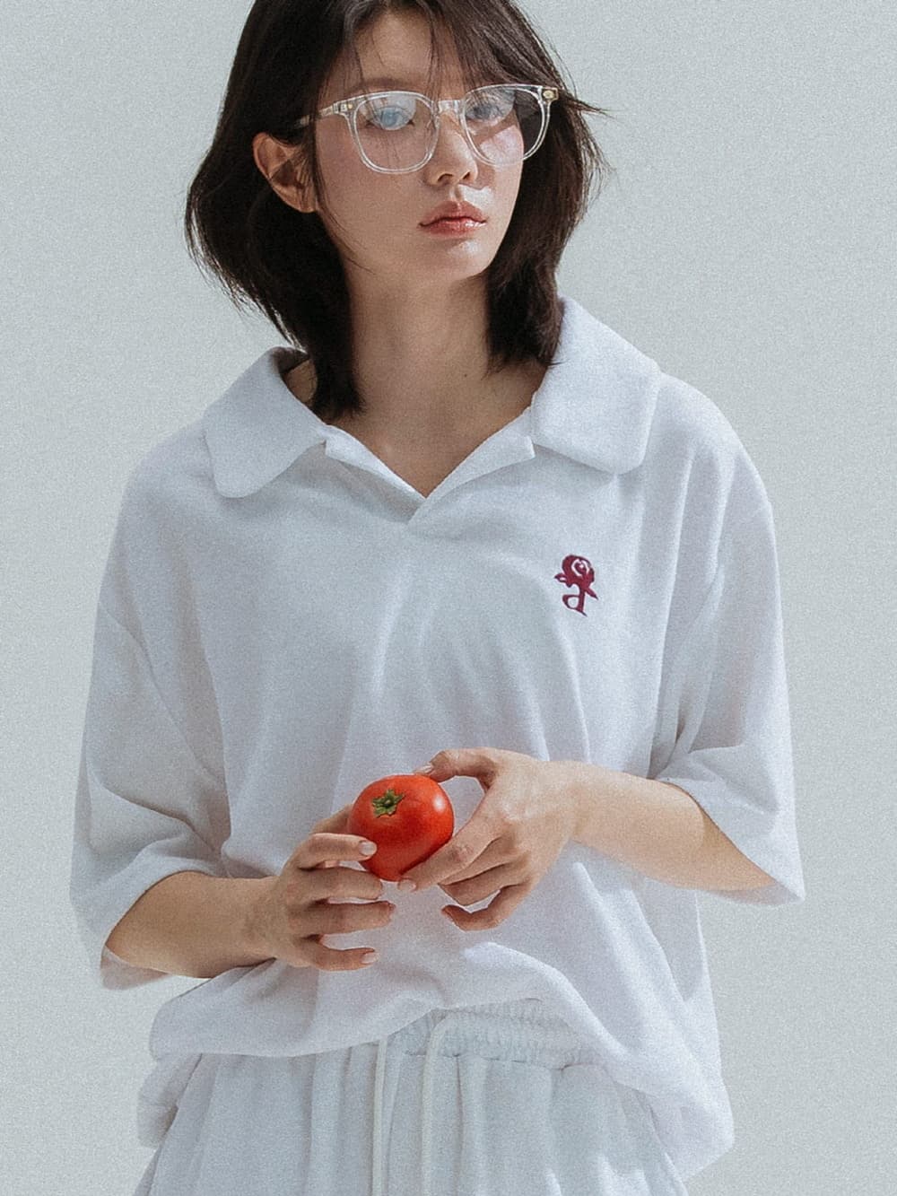 Relaxed Collar Terry Tee (White) — vue 7