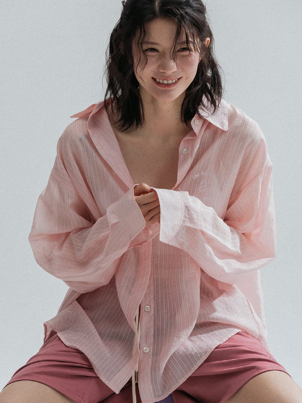 Pinstripe Sheer Shirt (Pink) — vue 3