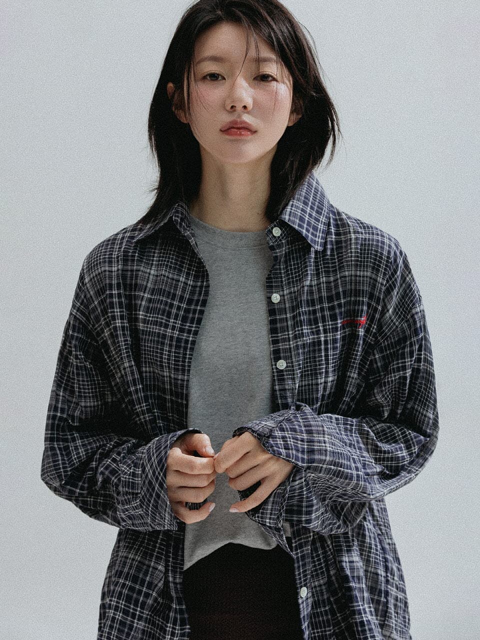 Ombre Check Sheer Shirt (Navy) — vue 3