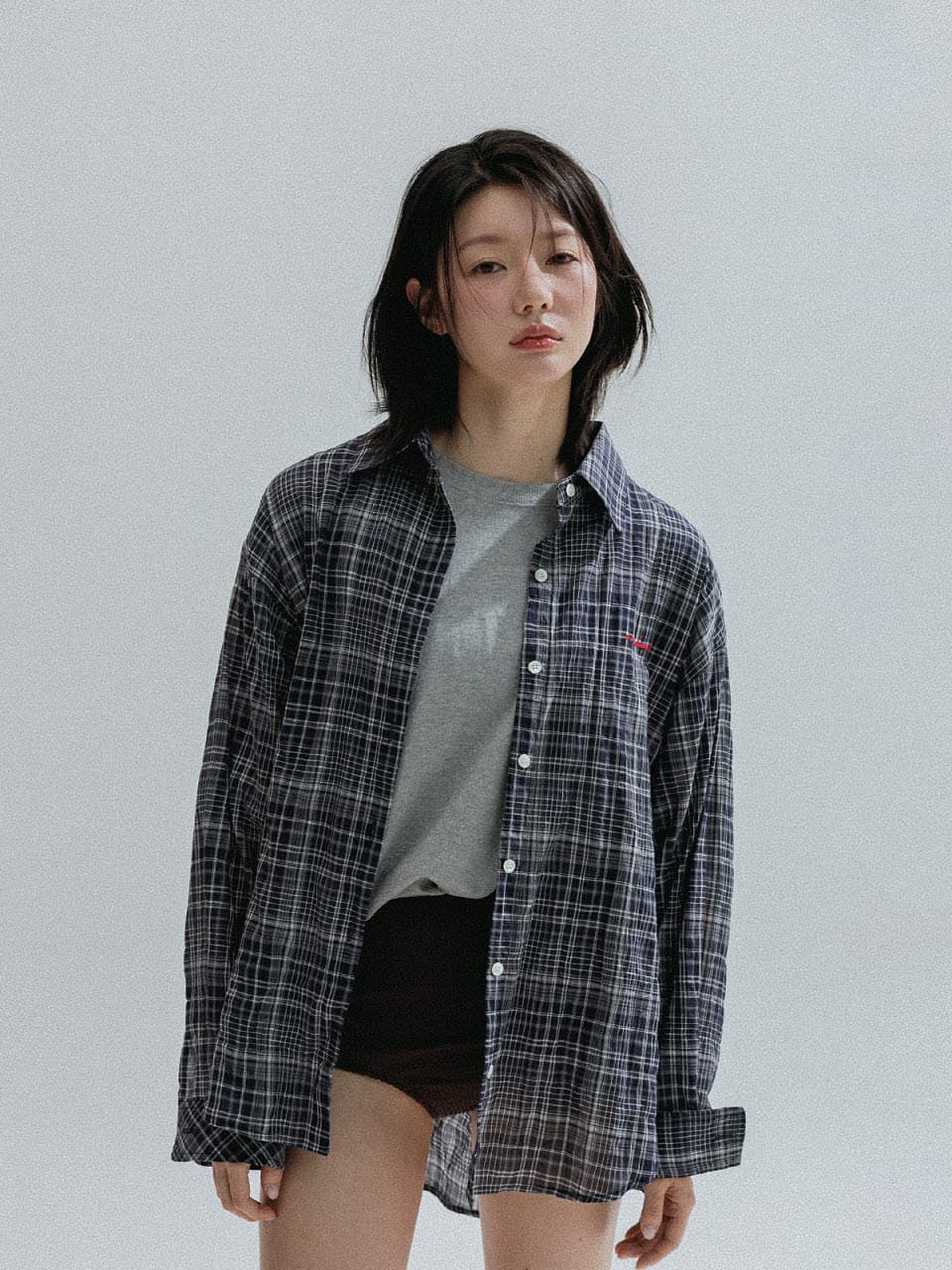 Ombre Check Sheer Shirt (Navy) — vue 7