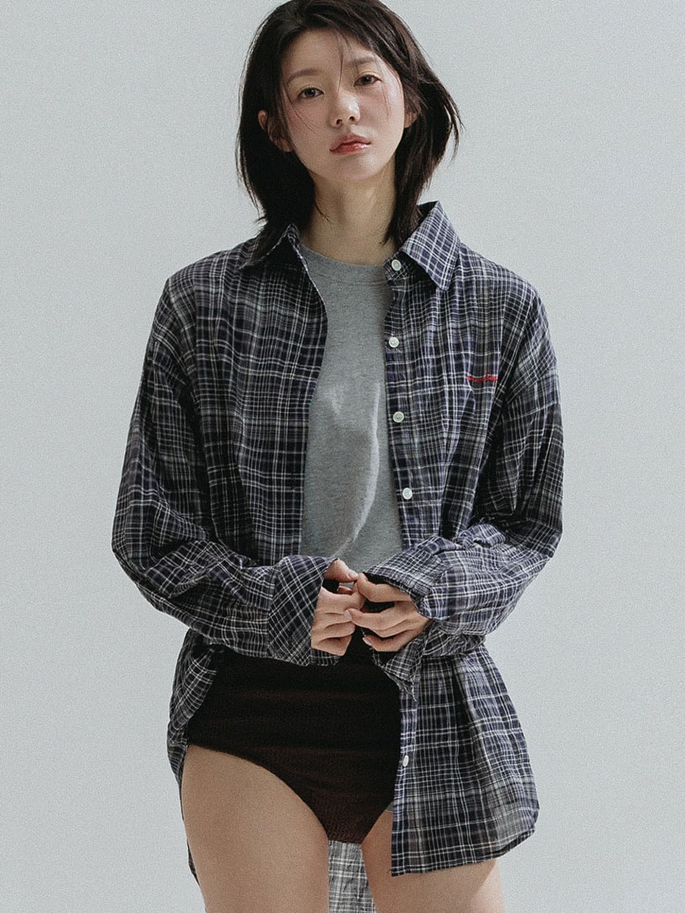 Ombre Check Sheer Shirt (Navy) — vue 1