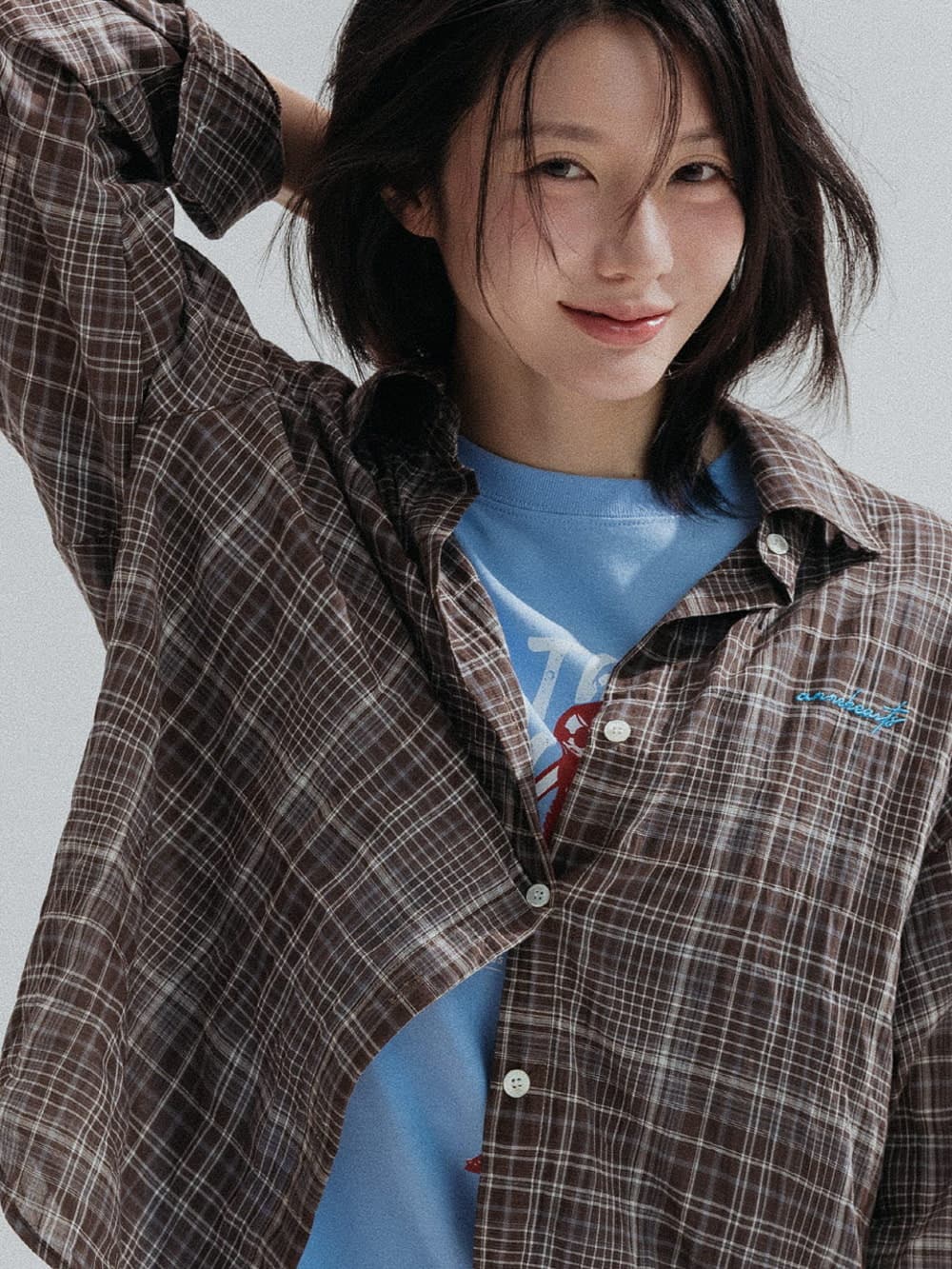 Ombre Check Sheer Shirt (Brown) — vue 3