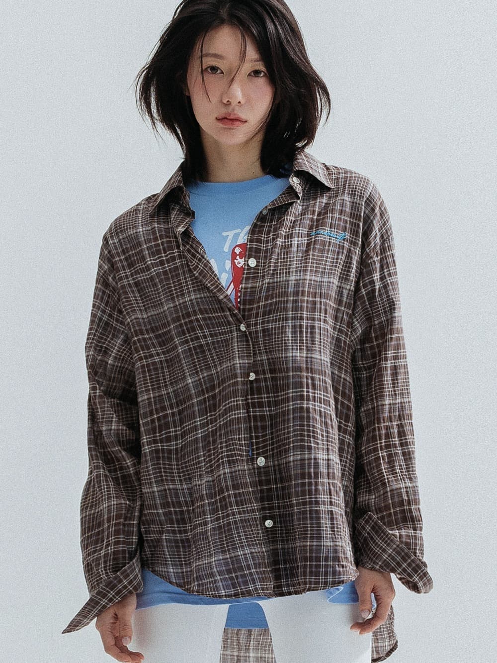 Ombre Check Sheer Shirt (Brown) — vue 1