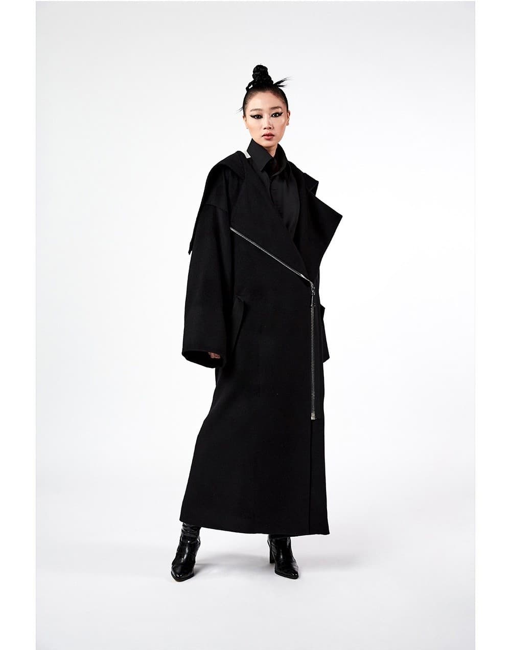 Black Wool Hooded Zip-Up Long Coat