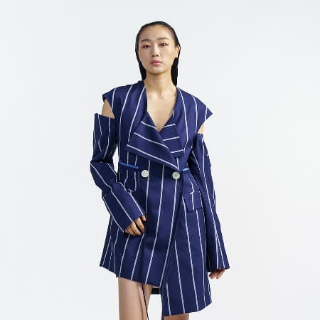 Wool Stripe Open-Shoulder Jacket