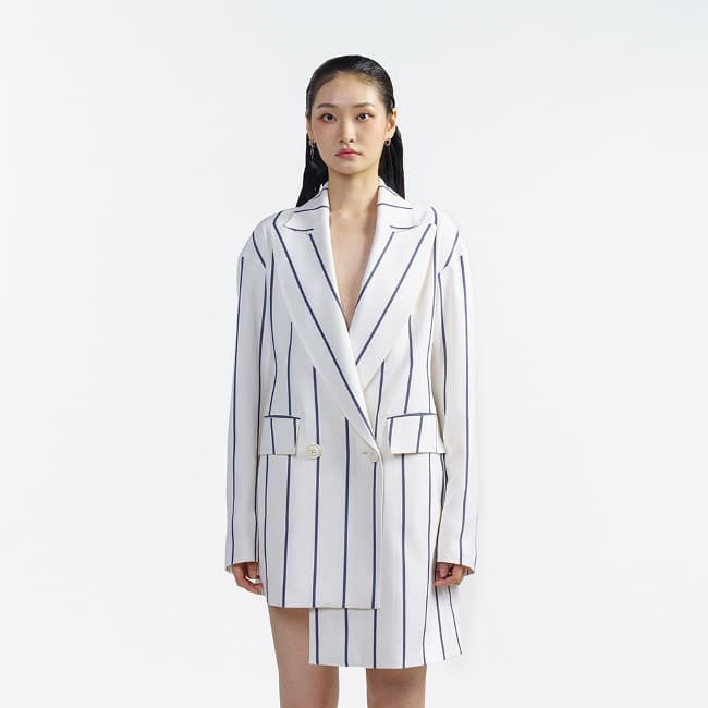 Cream Stripe Unbalanced Jacket — vue 1