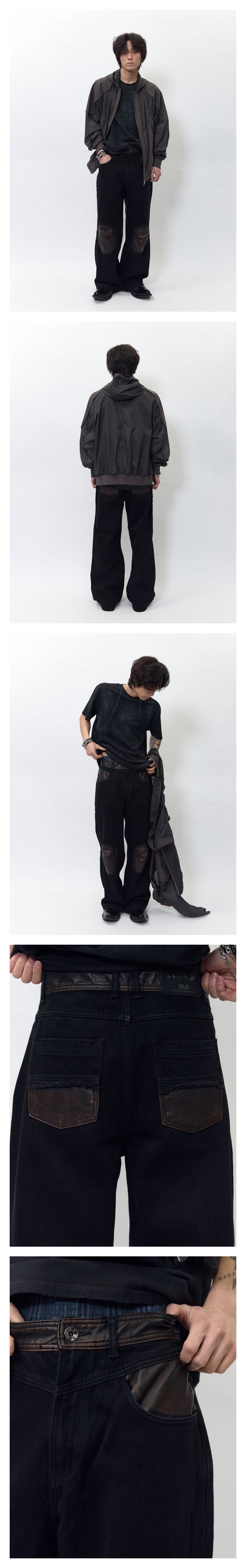 Leather-Trim Knee Point Denim Pants — vue 2