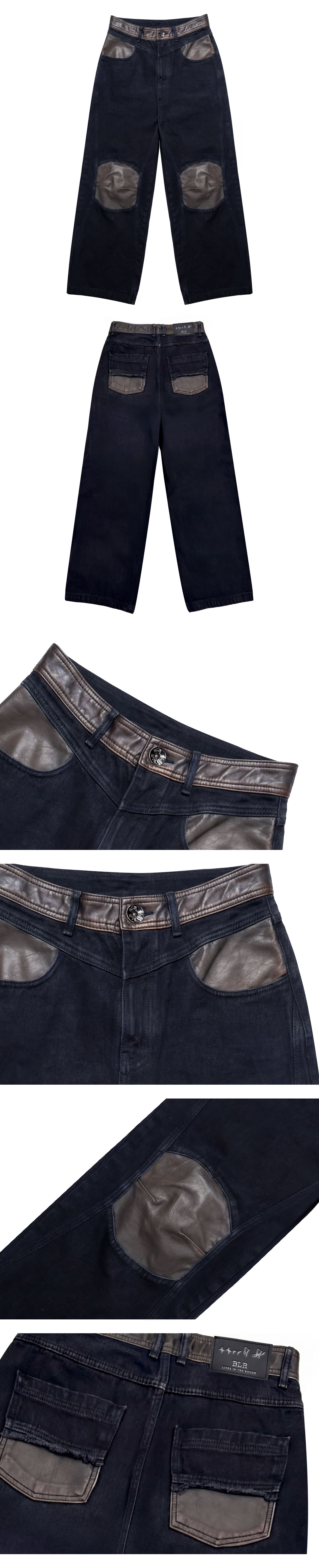 Leather-Trim Knee Point Denim Pants — vue 3