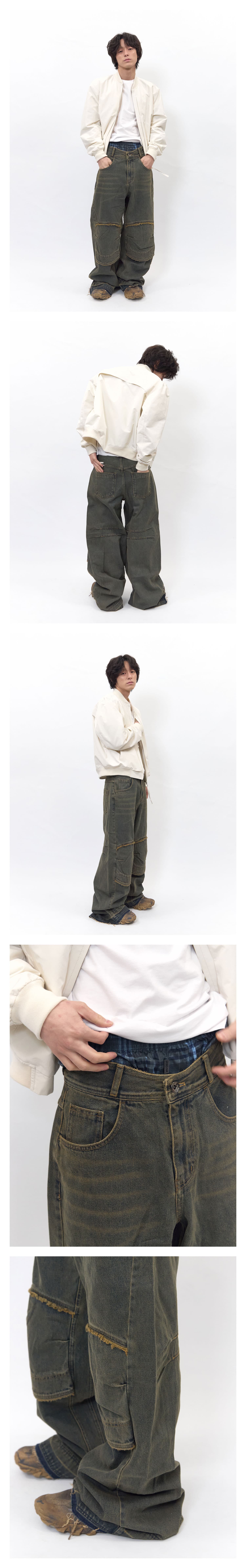 Knee Point Washed Denim Pants Yellow Blue — vue 2