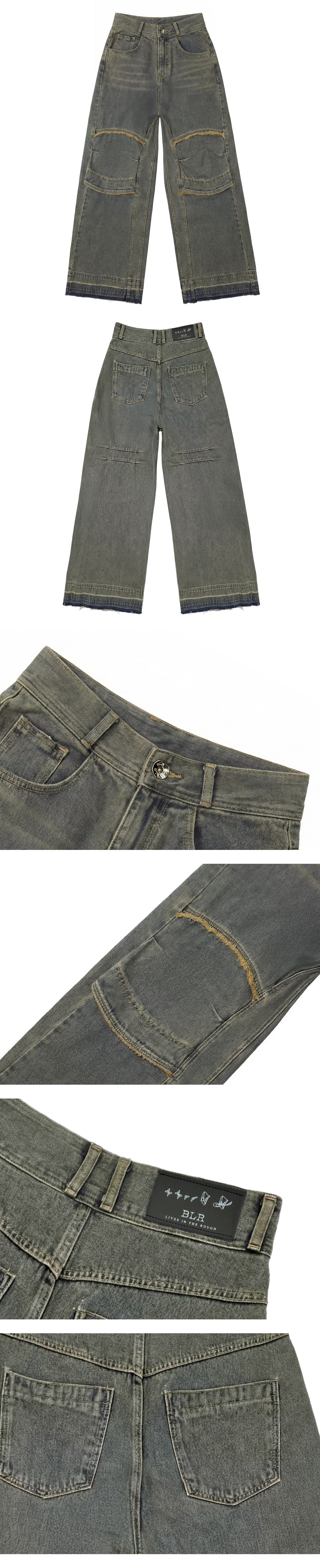 Knee Point Washed Denim Pants Yellow Blue — vue 3
