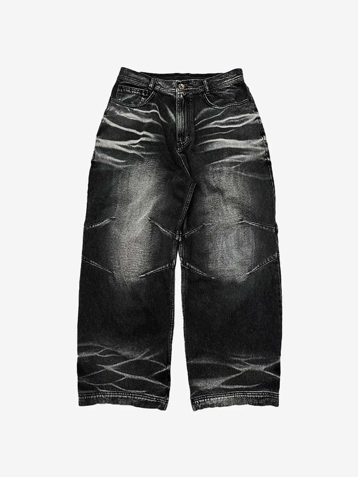 Embossed Wave Washing Wide Denim Pants Black