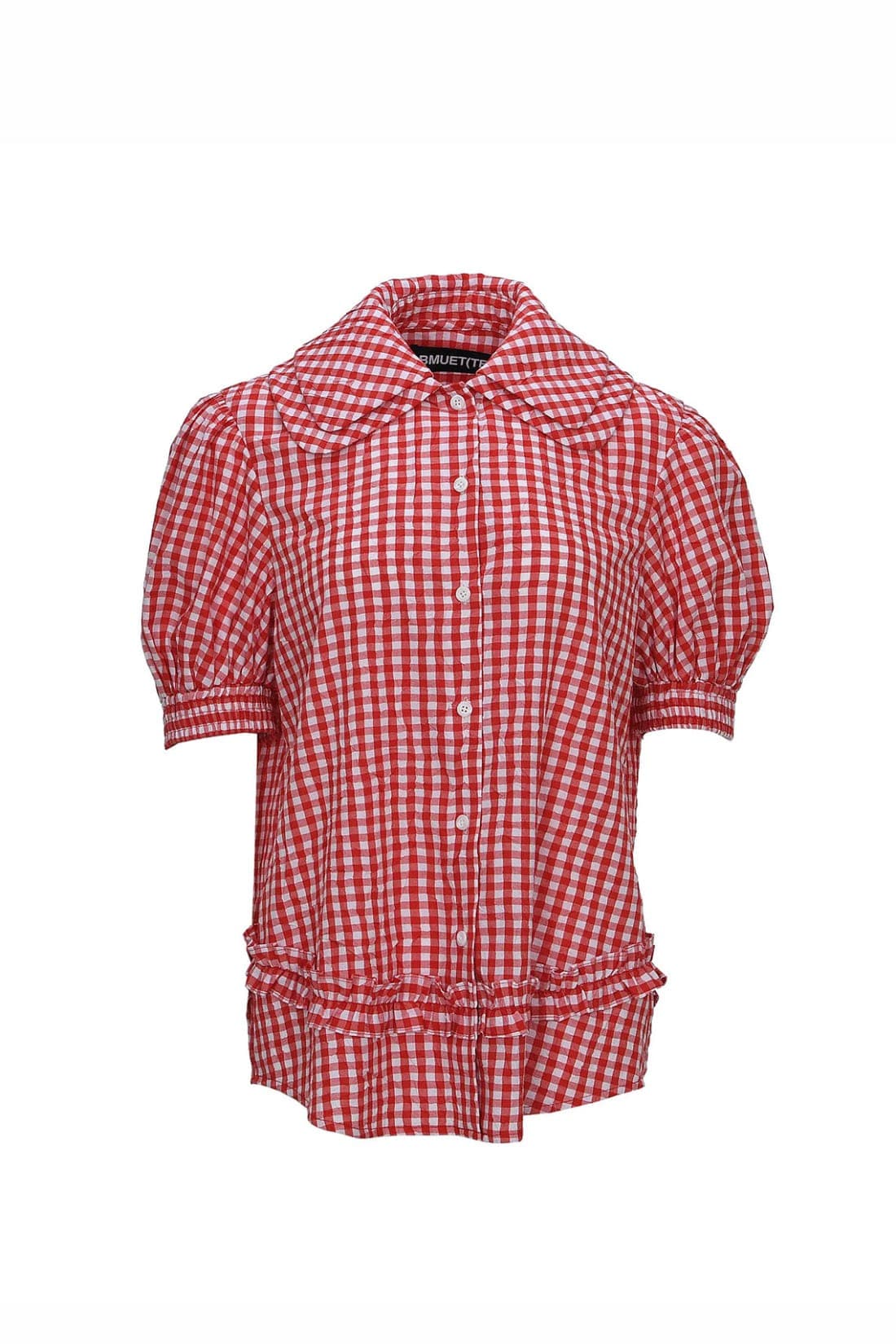 Frill Detail Round Collar Check Shirt Red