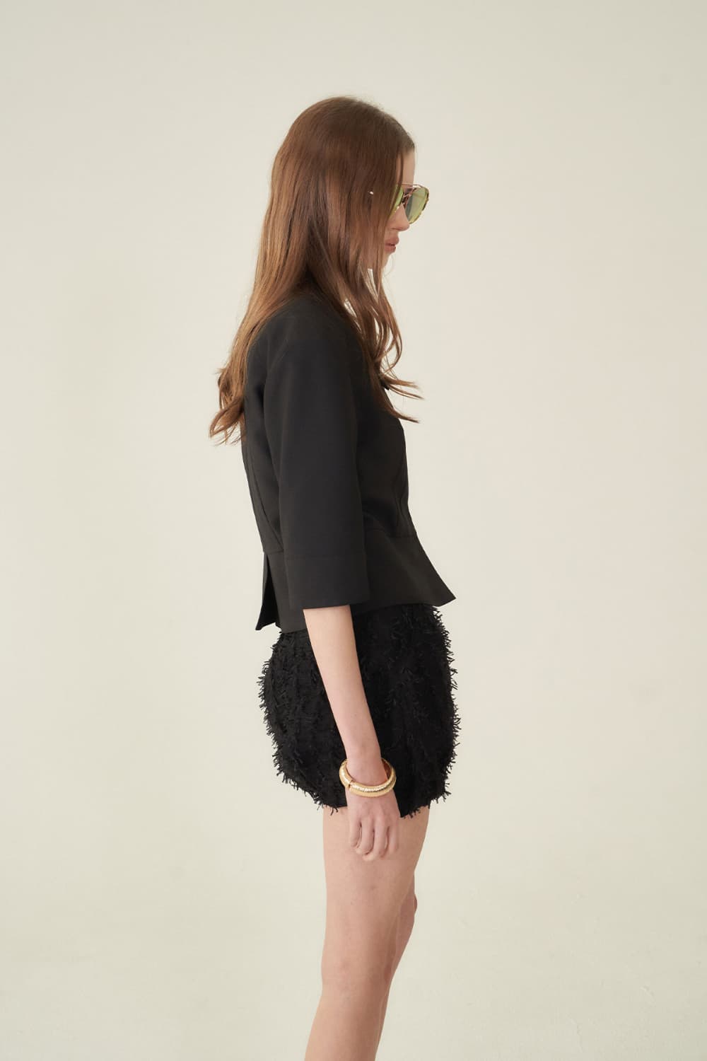 [CAHIERS 26SS] Sculptural Shawl Collar Three-Quarter Sleeve Crop Jacket — vue 11