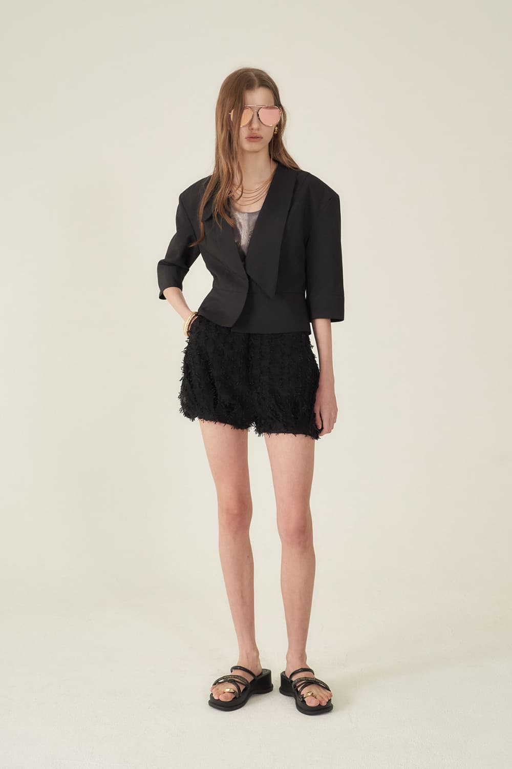 [CAHIERS 26SS] Sculptural Shawl Collar Three-Quarter Sleeve Crop Jacket — vue 13