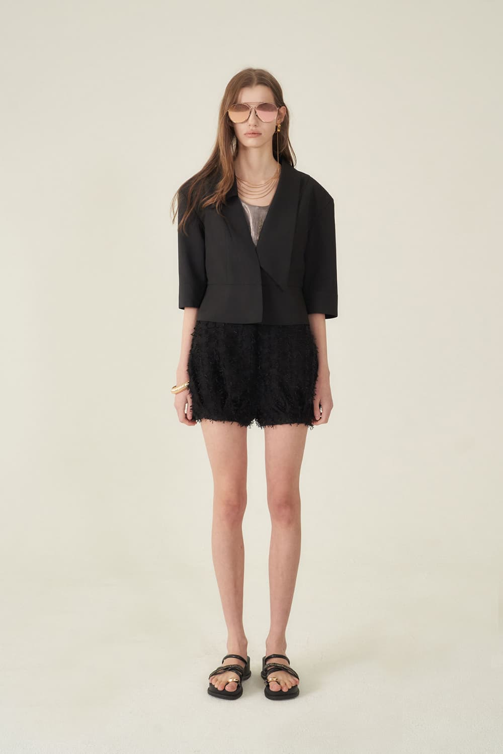 [CAHIERS 26SS] Sculptural Shawl Collar Three-Quarter Sleeve Crop Jacket — vue 15
