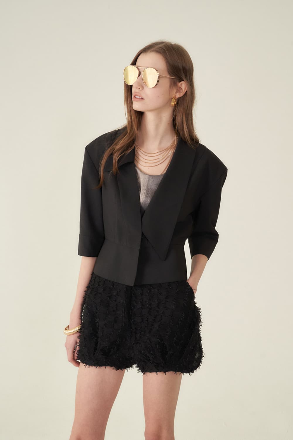 [CAHIERS 26SS] Sculptural Shawl Collar Three-Quarter Sleeve Crop Jacket — vue 10