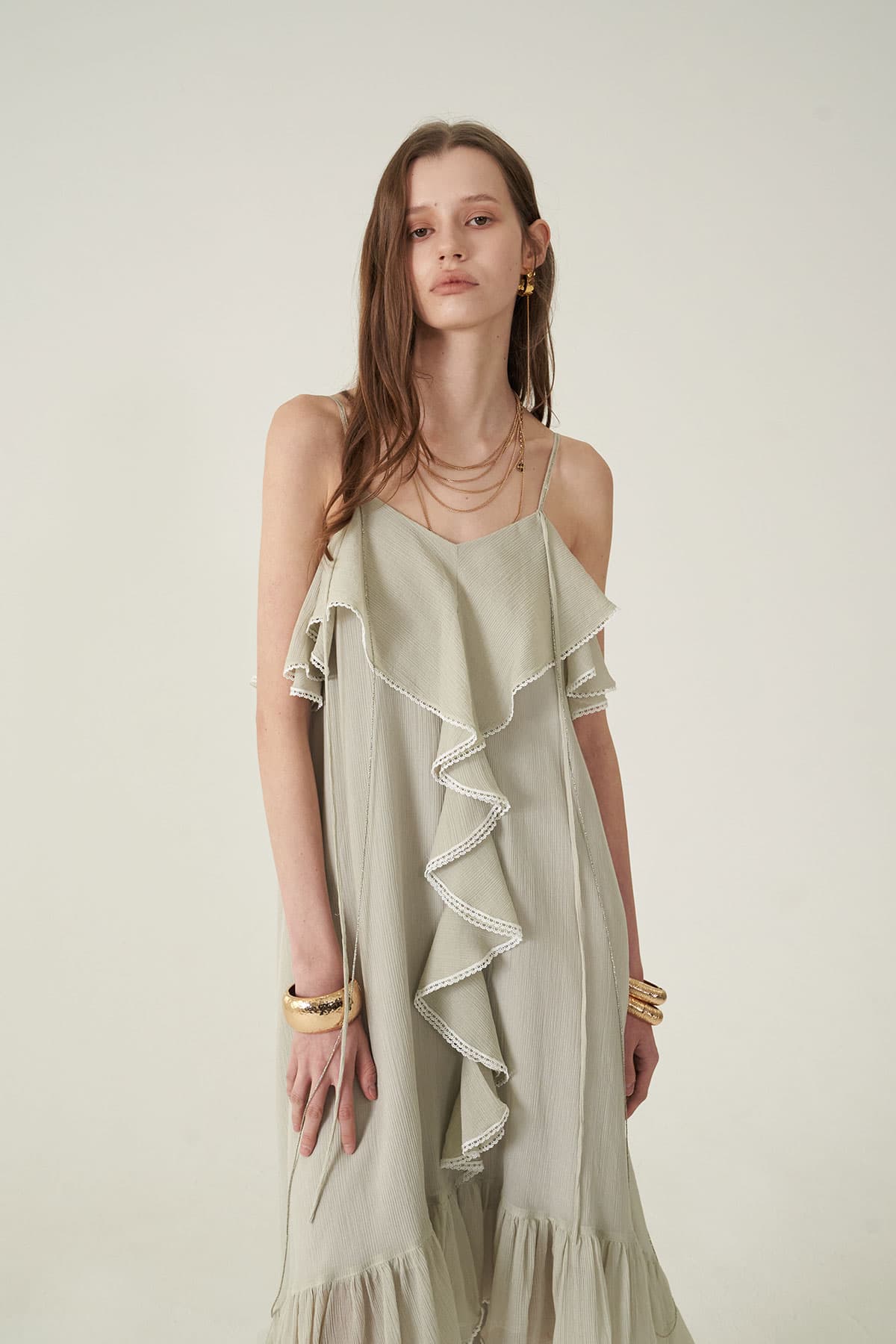 [CAHIERS 26SS] Silver-Thread Stripe Cotton-Silk Center Frill Asymmetric Dress — vue 2