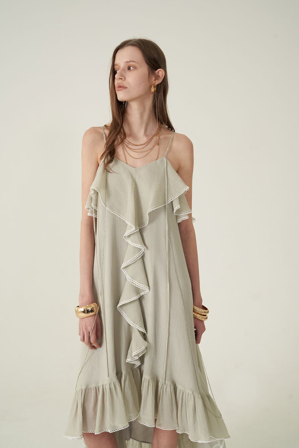 [CAHIERS 26SS] Silver-Thread Stripe Cotton-Silk Center Frill Asymmetric Dress — vue 12