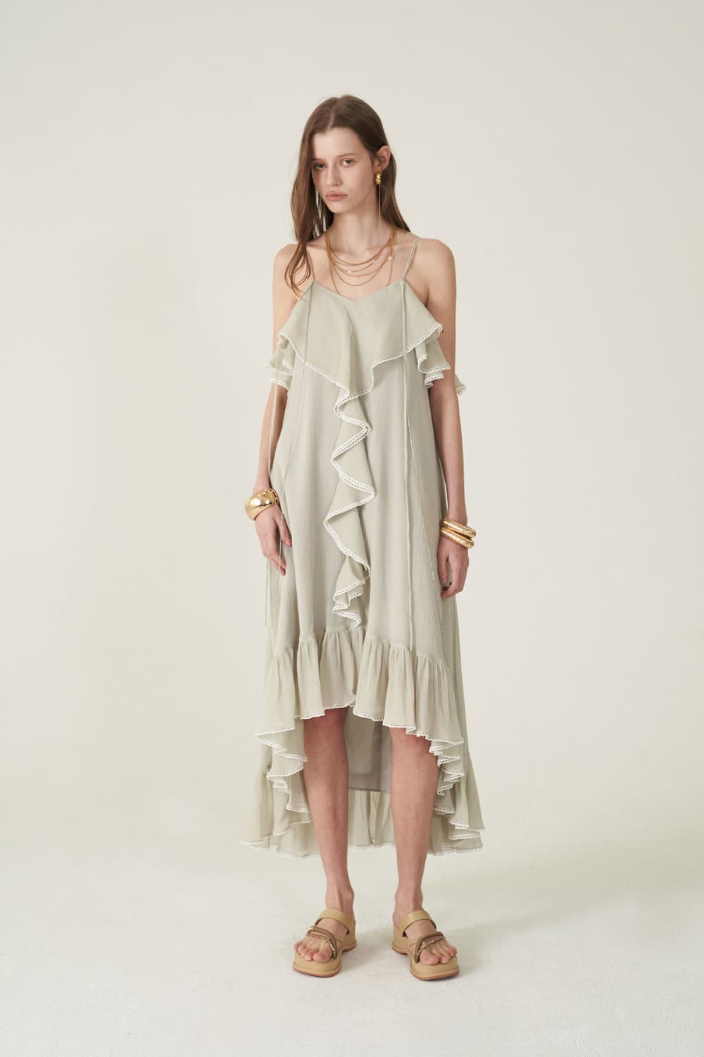 [CAHIERS 26SS] Silver-Thread Stripe Cotton-Silk Center Frill Asymmetric Dress — vue 13