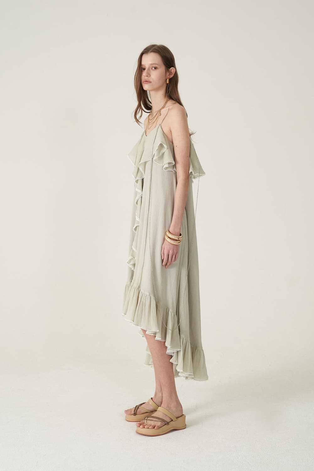 [CAHIERS 26SS] Silver-Thread Stripe Cotton-Silk Center Frill Asymmetric Dress — vue 14