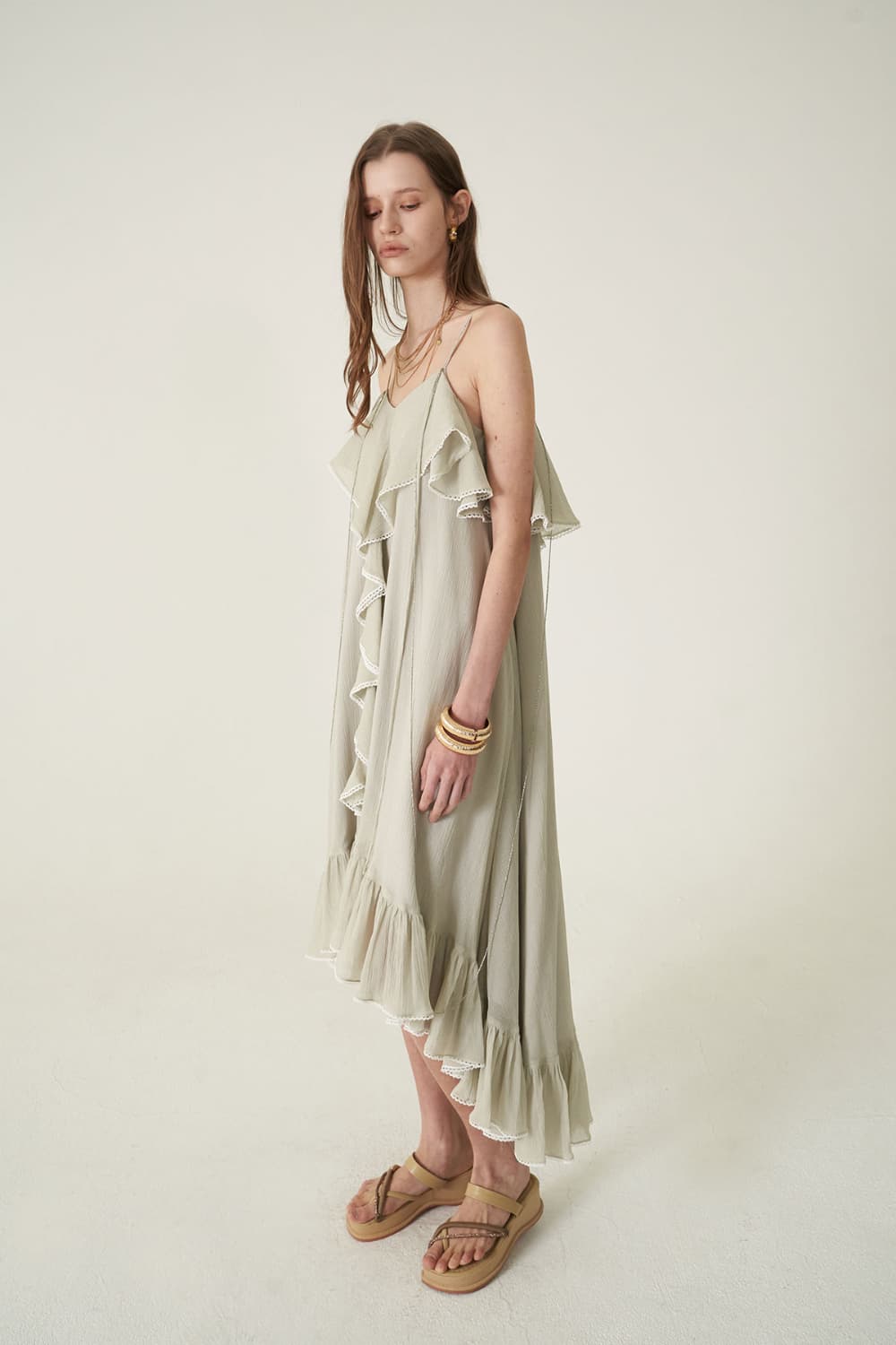 [CAHIERS 26SS] Silver-Thread Stripe Cotton-Silk Center Frill Asymmetric Dress — vue 15
