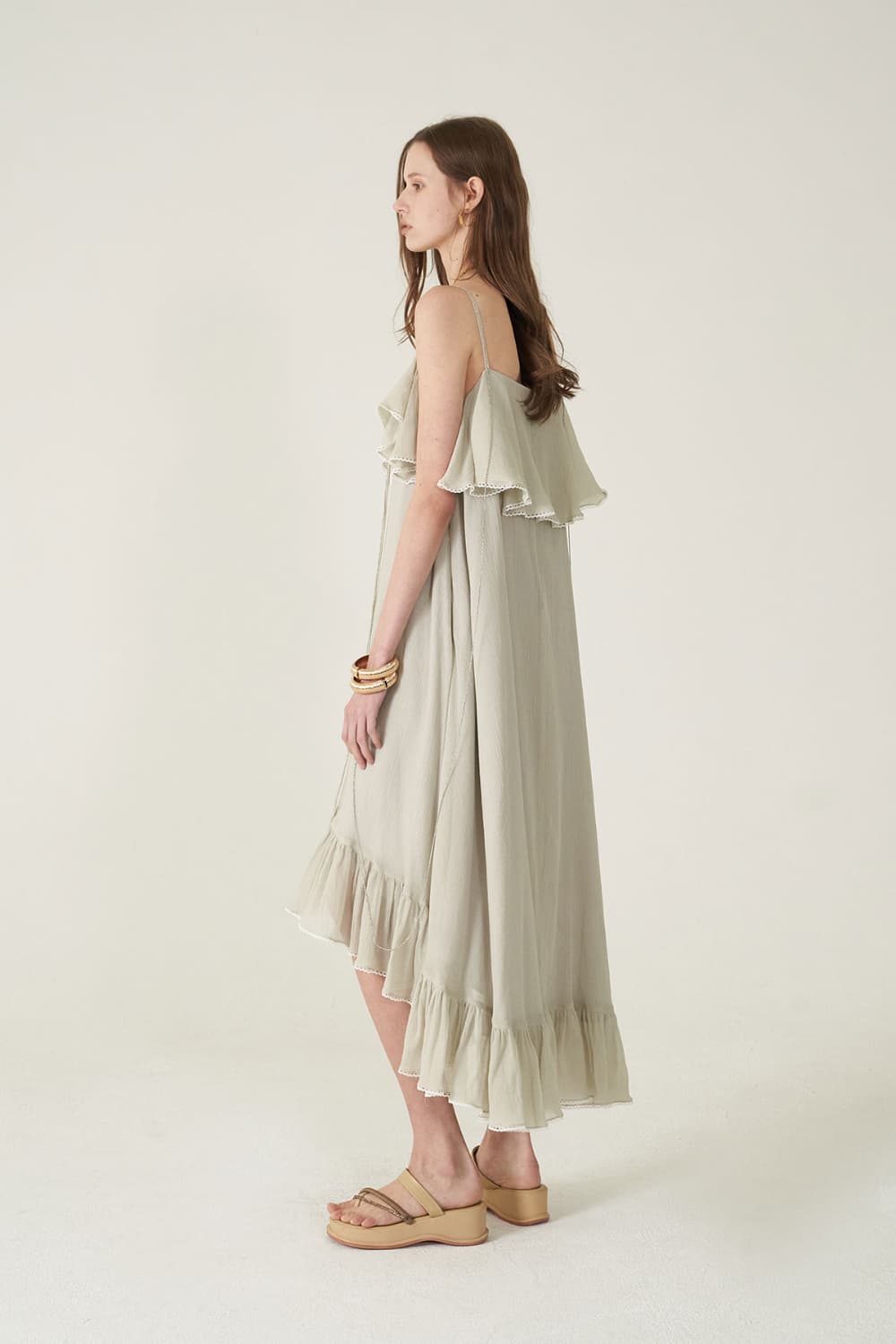 [CAHIERS 26SS] Silver-Thread Stripe Cotton-Silk Center Frill Asymmetric Dress — vue 16