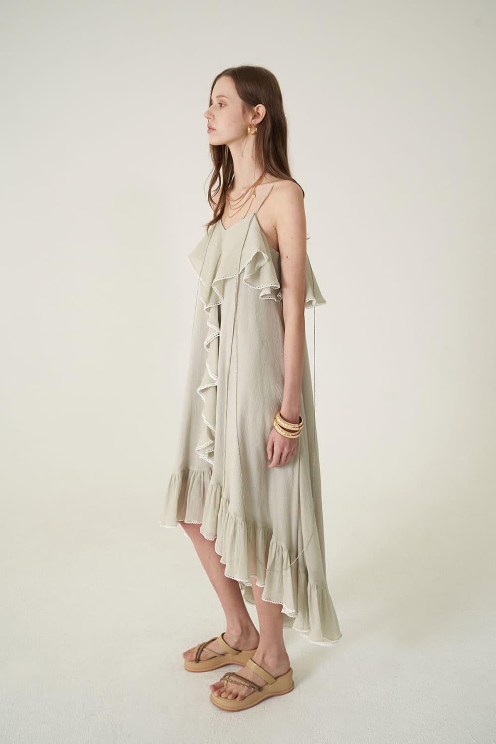 [CAHIERS 26SS] Silver-Thread Stripe Cotton-Silk Center Frill Asymmetric Dress — vue 17