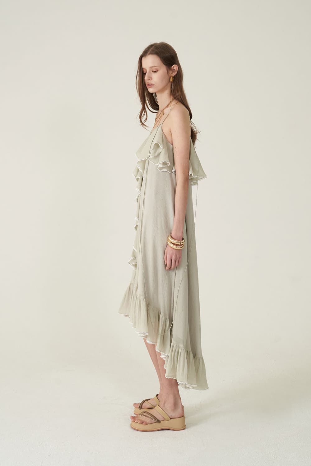 [CAHIERS 26SS] Silver-Thread Stripe Cotton-Silk Center Frill Asymmetric Dress — vue 18