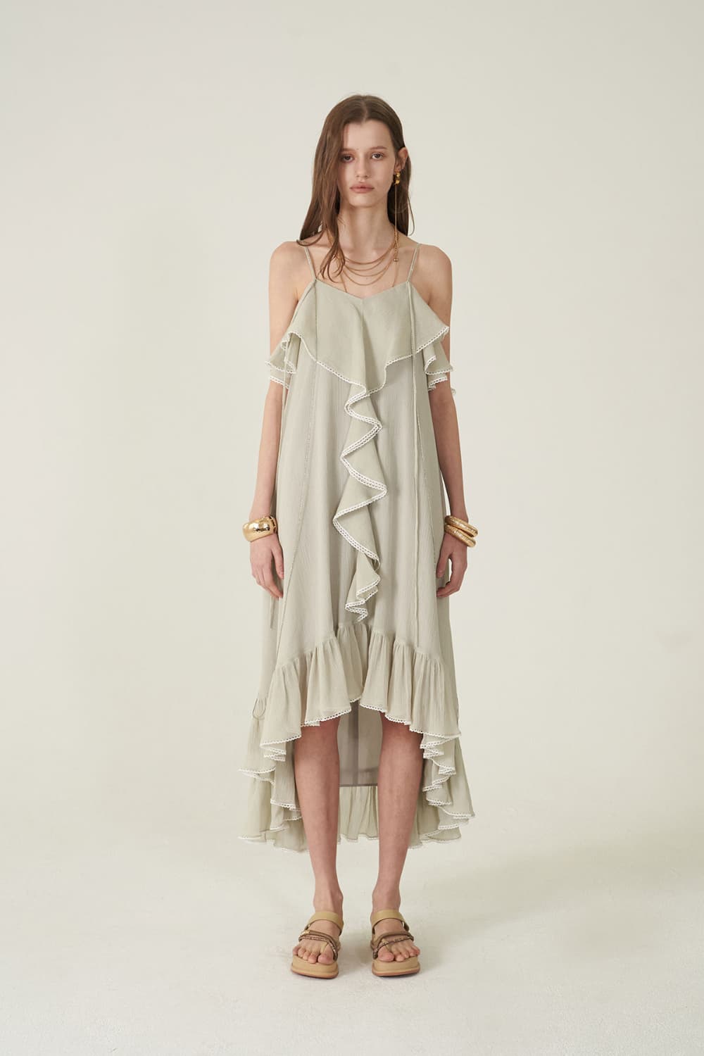 [CAHIERS 26SS] Silver-Thread Stripe Cotton-Silk Center Frill Asymmetric Dress — vue 19