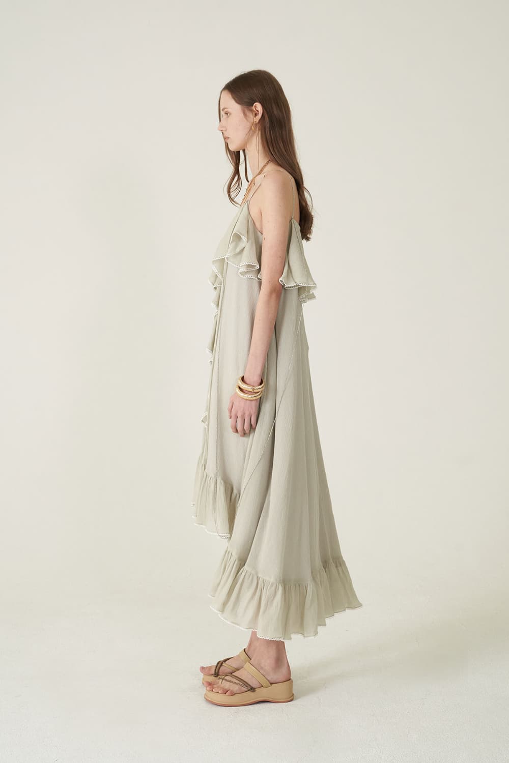 [CAHIERS 26SS] Silver-Thread Stripe Cotton-Silk Center Frill Asymmetric Dress — vue 20