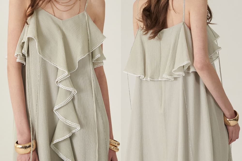 [CAHIERS 26SS] Silver-Thread Stripe Cotton-Silk Center Frill Asymmetric Dress — vue 22