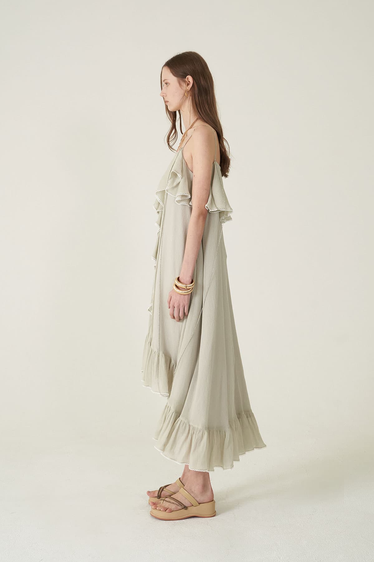 [CAHIERS 26SS] Silver-Thread Stripe Cotton-Silk Center Frill Asymmetric Dress — vue 4