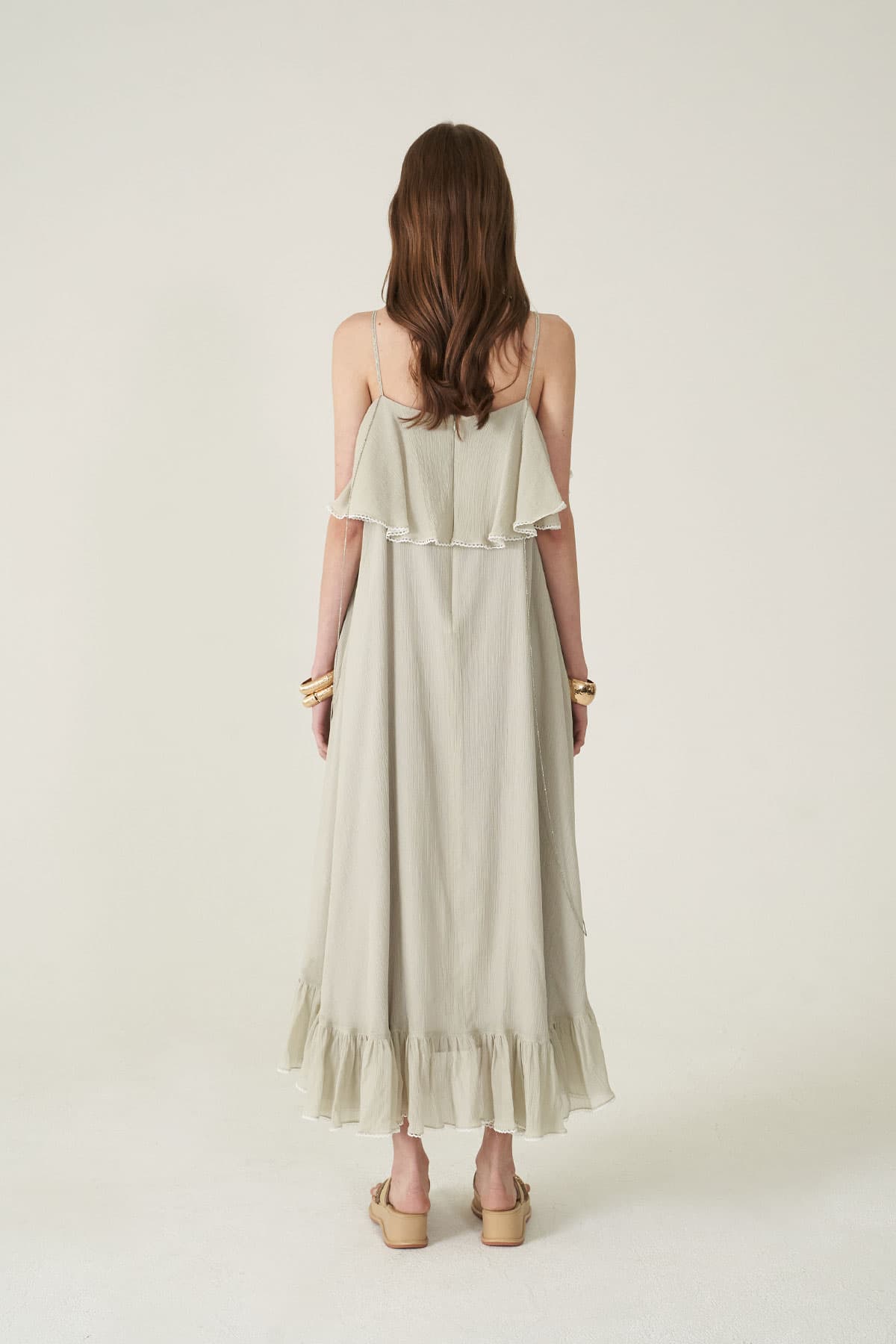 [CAHIERS 26SS] Silver-Thread Stripe Cotton-Silk Center Frill Asymmetric Dress — vue 5