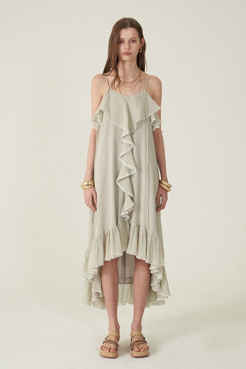 [CAHIERS 26SS] Silver-Thread Stripe Cotton-Silk Center Frill Asymmetric Dress — vue 7