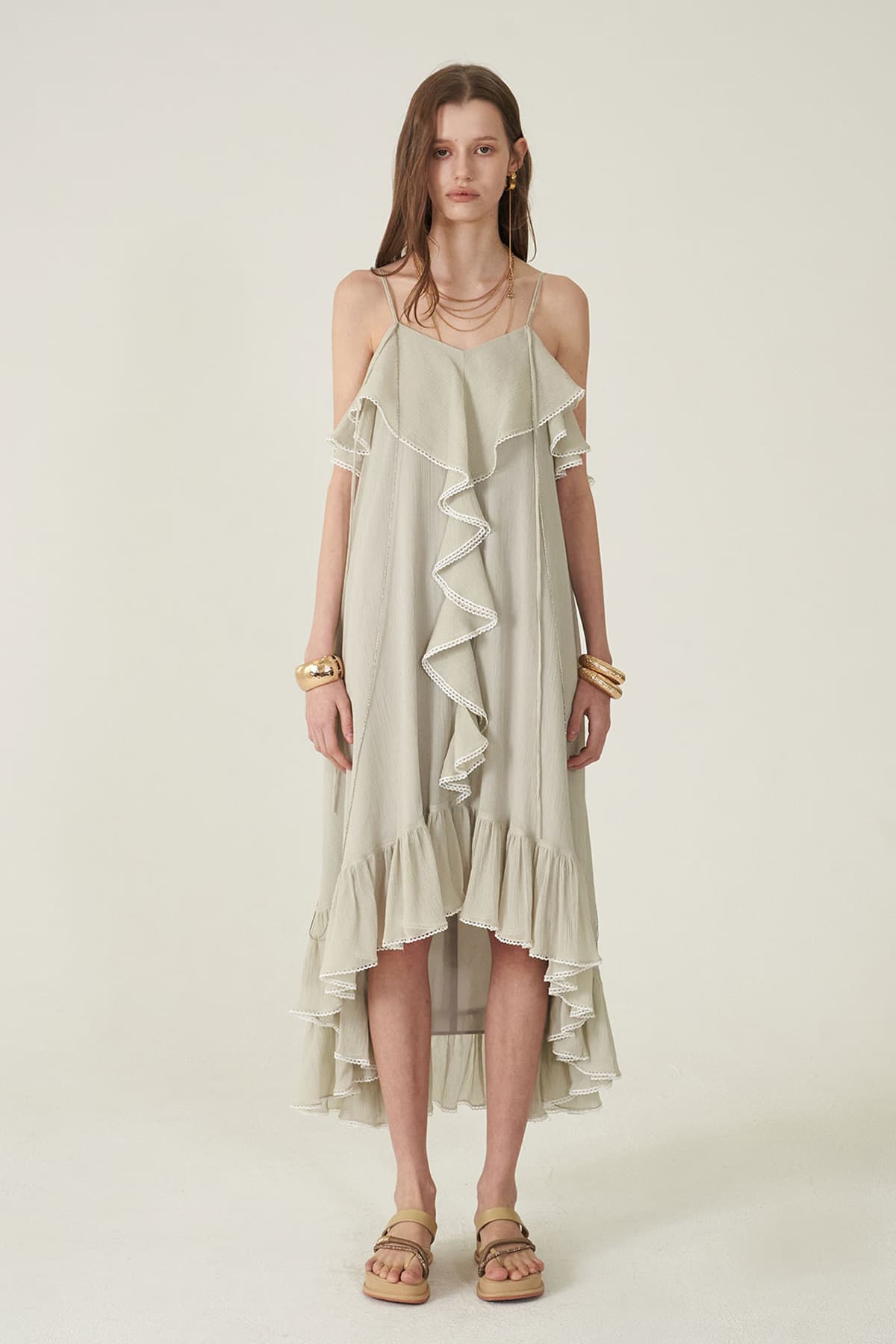 [CAHIERS 26SS] Silver-Thread Stripe Cotton-Silk Center Frill Asymmetric Dress — vue 1