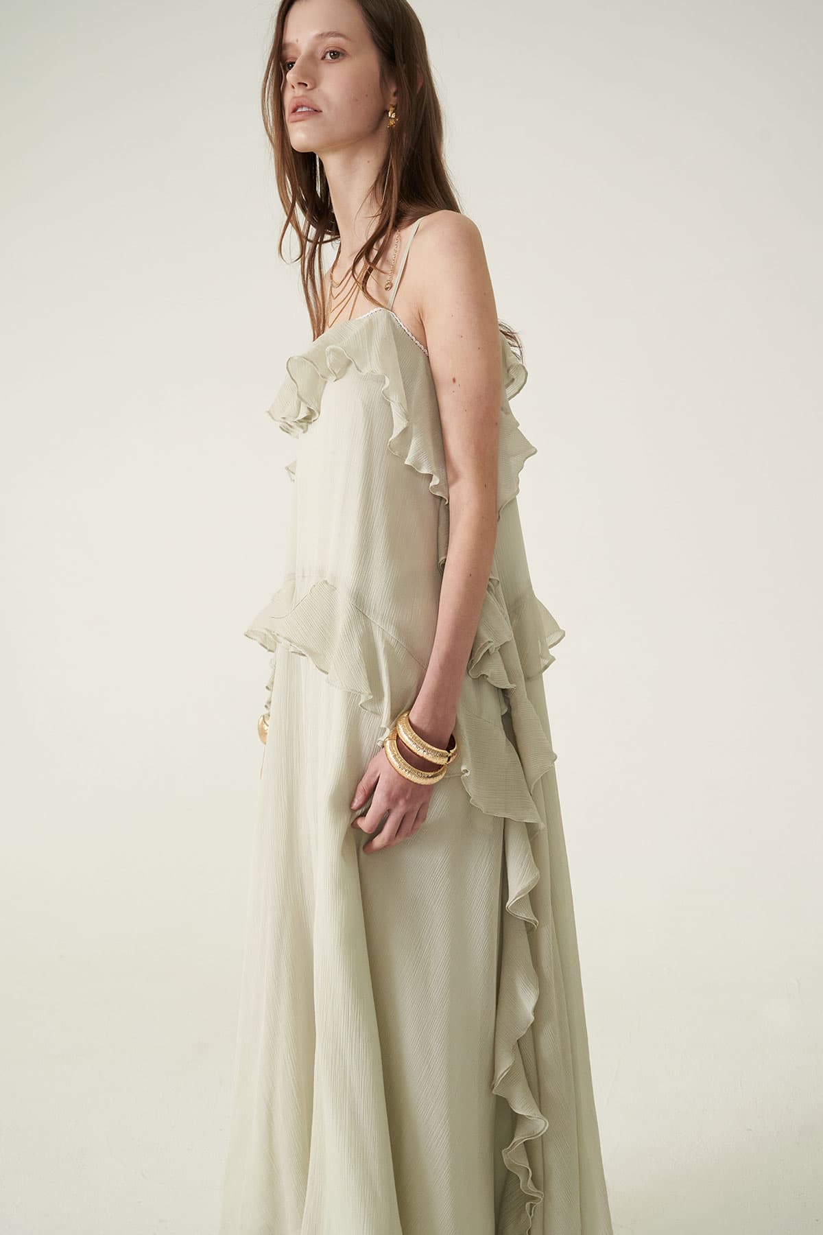 [CAHIERS 26SS] Silver-Thread Stripe Cotton-Silk Tiered Frill Slip Dress — vue 2