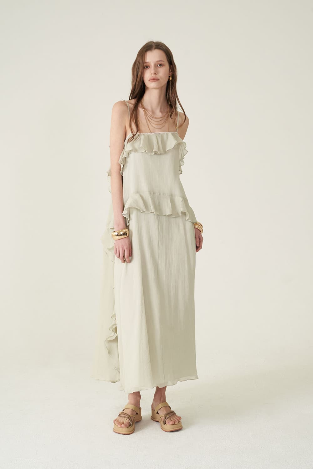 [CAHIERS 26SS] Silver-Thread Stripe Cotton-Silk Tiered Frill Slip Dress — vue 11