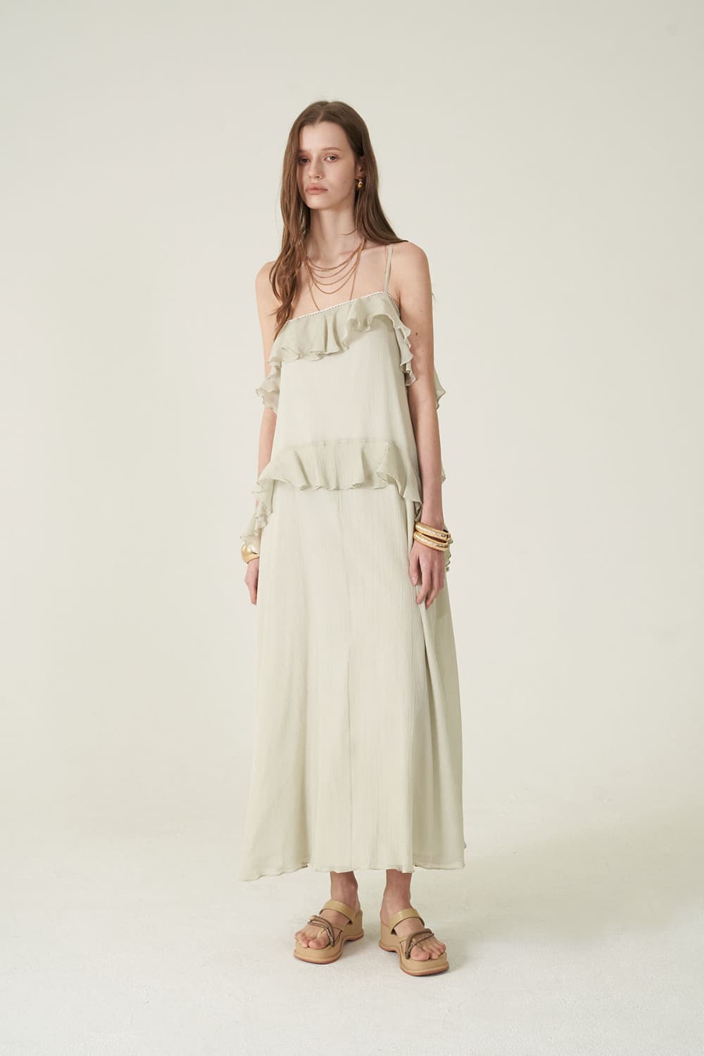 [CAHIERS 26SS] Silver-Thread Stripe Cotton-Silk Tiered Frill Slip Dress — vue 12